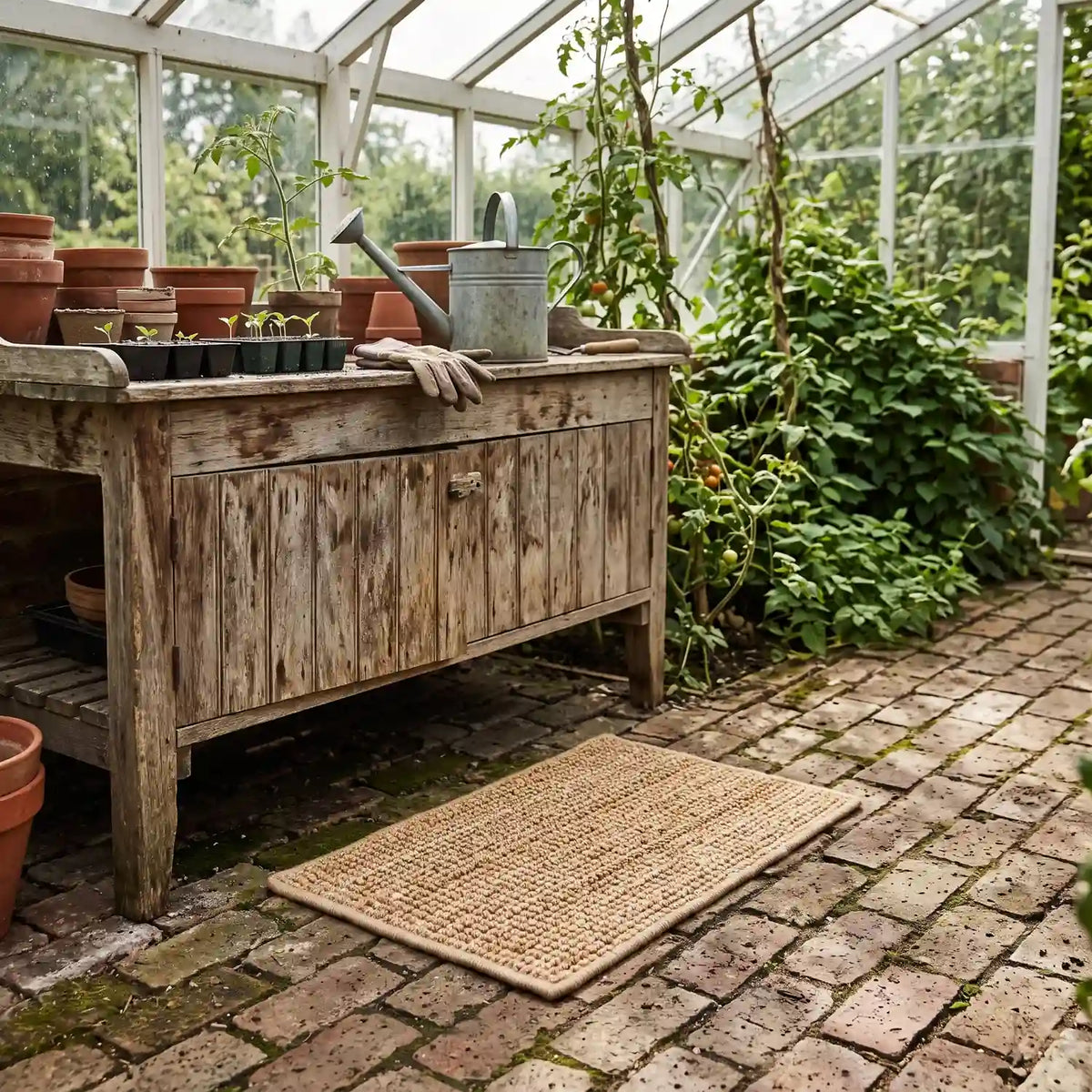 Bouclé Jute Doormat 40 x 60 cm - Natural on a brick floor in front of a greenhouse potting bench