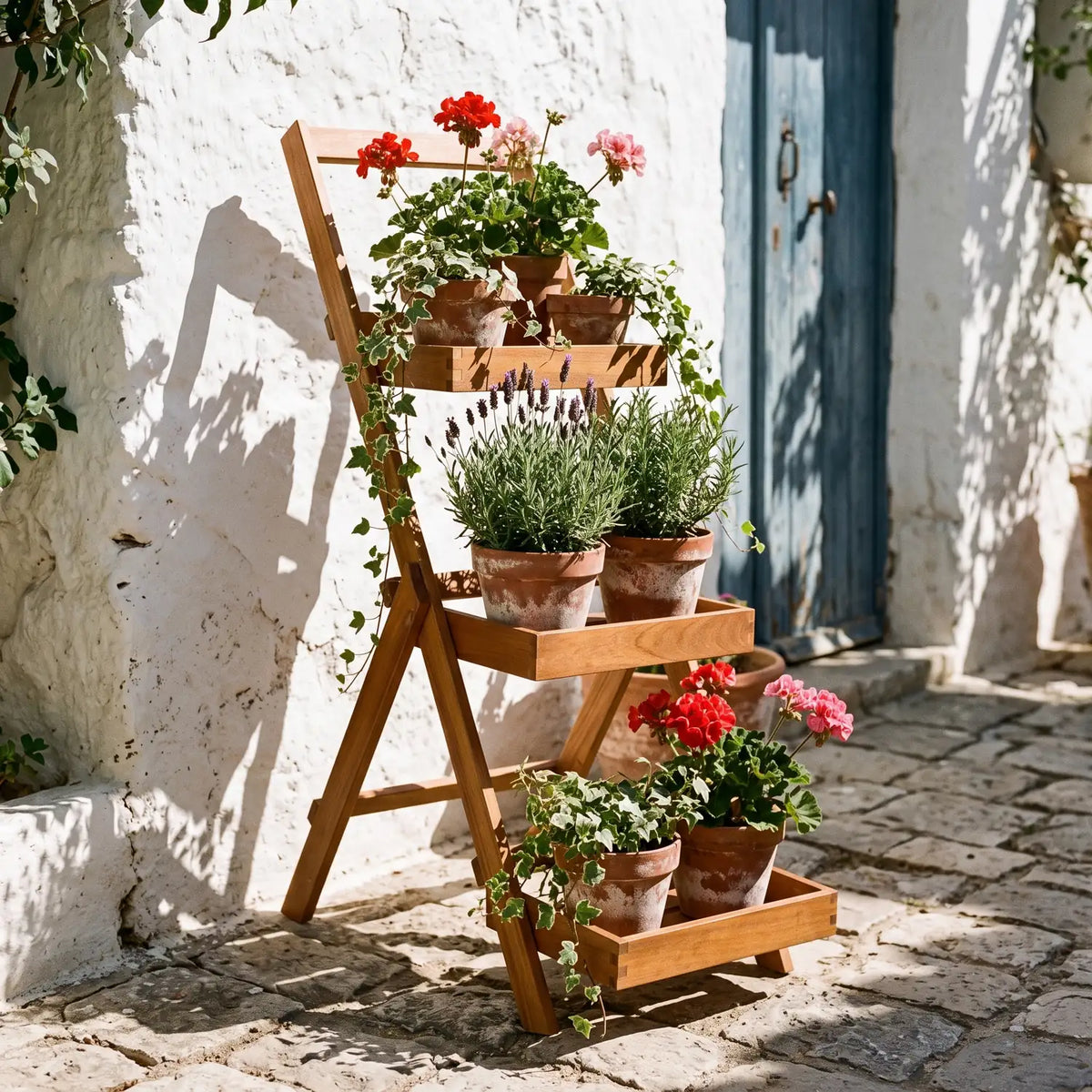 Tokyo Plant Stand with 3 Shelves in a sunny Mediterranean courtyard with potted herbs and geraniums