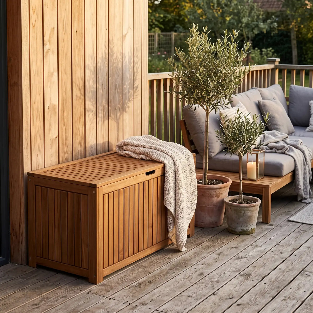 Tokyo Cushion Box Acacia on a wooden terrace beside a lounge sofa