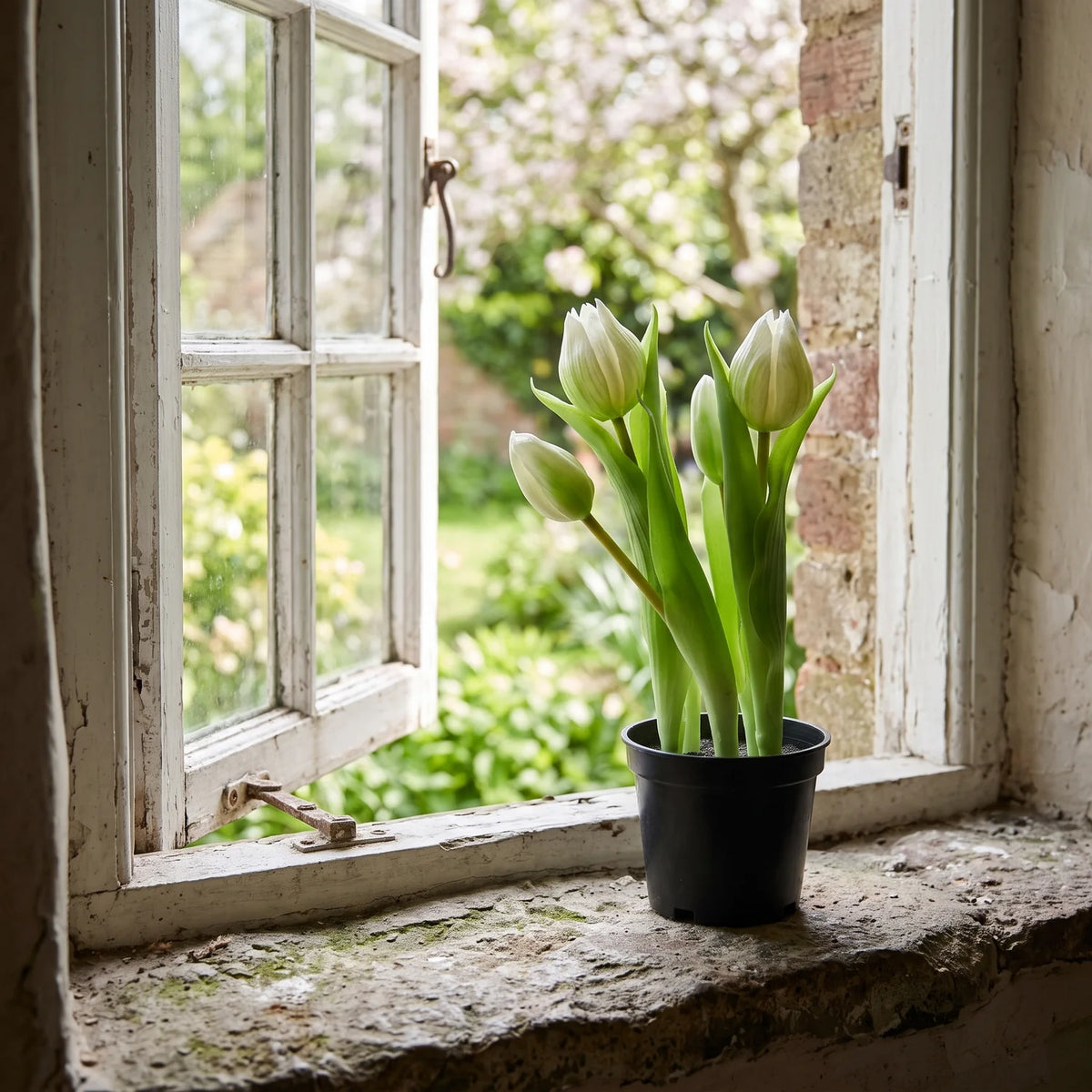 Artificial White Tulips in Pot on a cottage windowsill in spring
