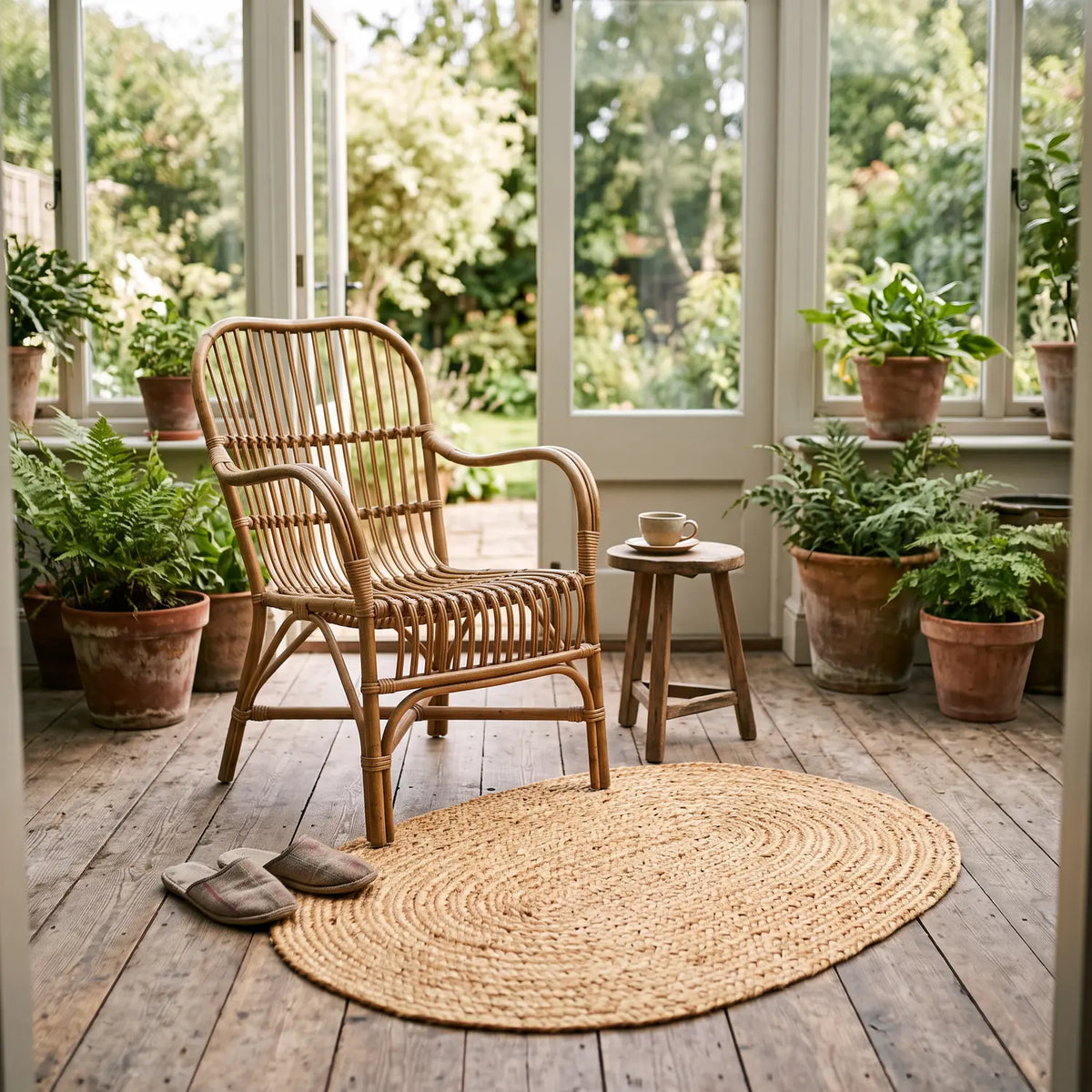 Oval Braided Jute Rug 60 x 90 cm in a garden room in front of a rattan armchair